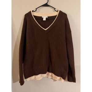 Design History Brown V-Neck Layered Look Cable Knit Sweater Womens Large